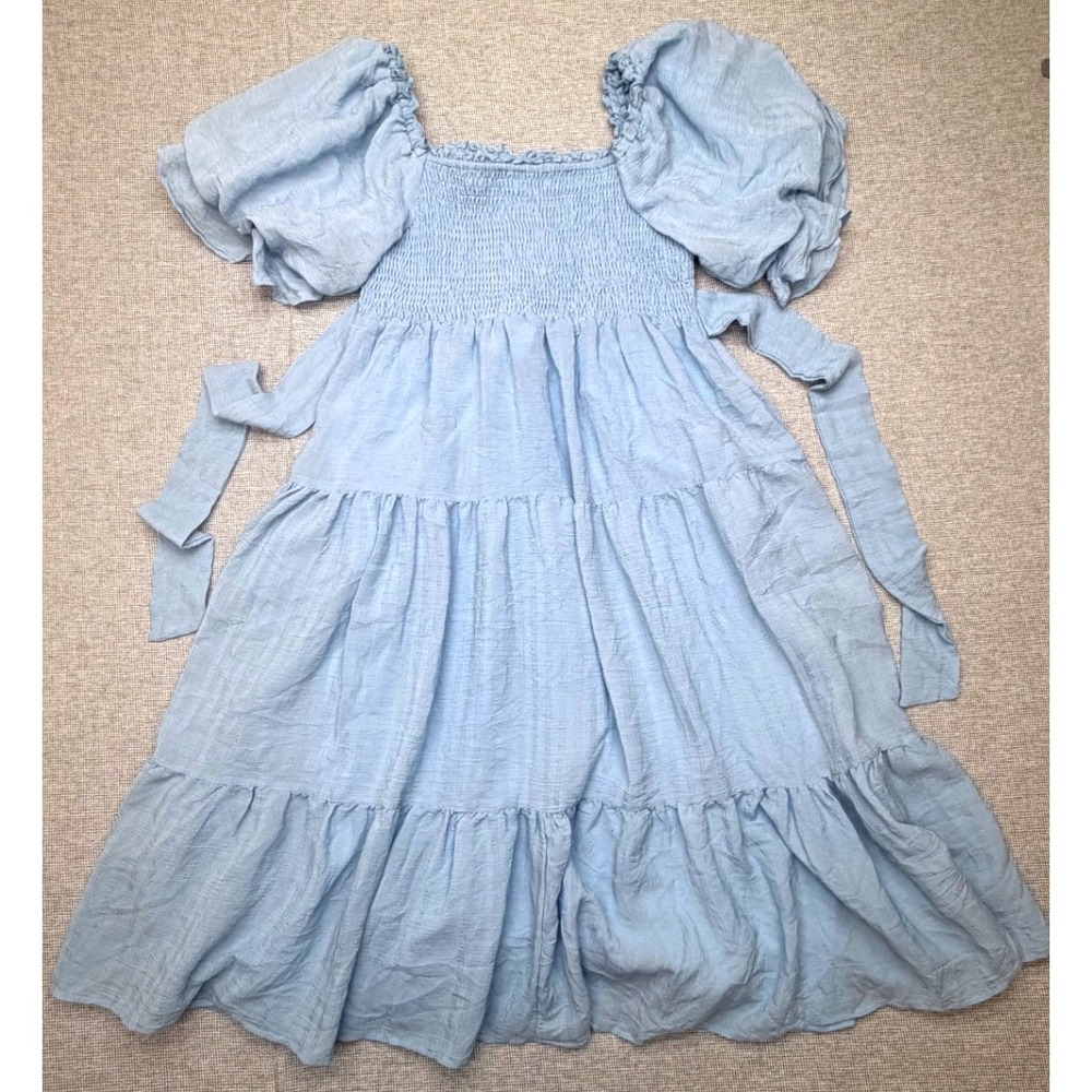 Light Blue Smocked Puff Sleeve Tiered Midi Dress with Pockets Cottagecore Boho